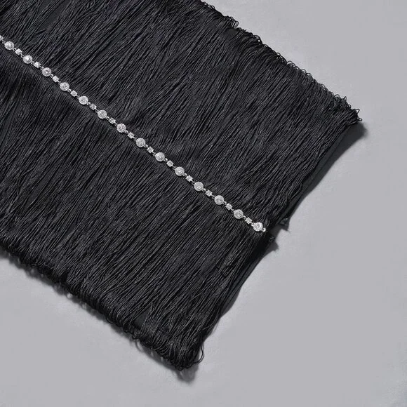 LUXE Rhinestone Fringe Bandage Gown - Black Halter Neck & Sparkle Evening Dress - Picture 7 of 11